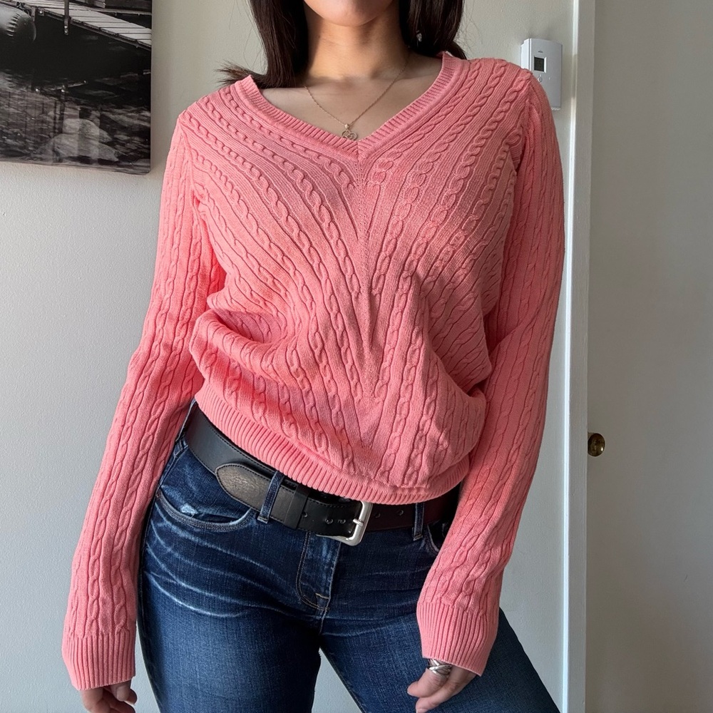 Y2K Pink Cable Knit V-Neck Babydoll Sweater